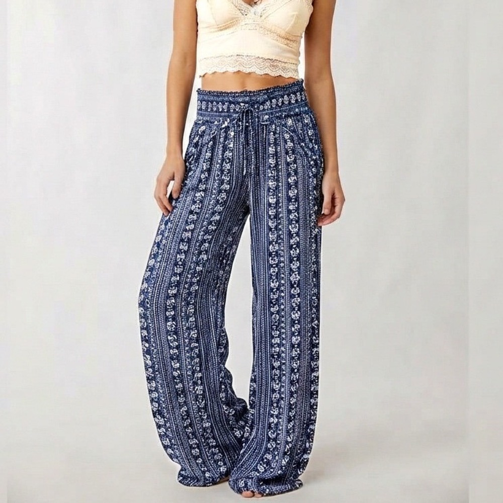 NEW Boho Palazzo Pants Women Sz XS Navy White Elephant Smocked Wide Leg Pockets